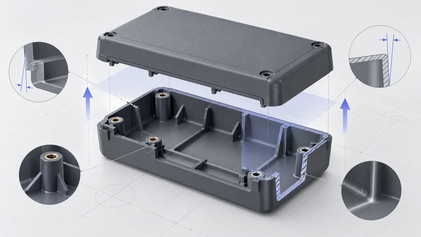 Plastic enclosure CAD model illustrating injection molding design considerations