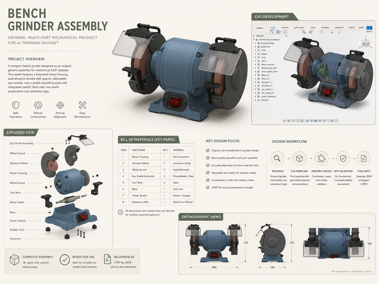 Bench grinder multi part CAD assembly with exploded view, bill of materials and SolidWorks development views