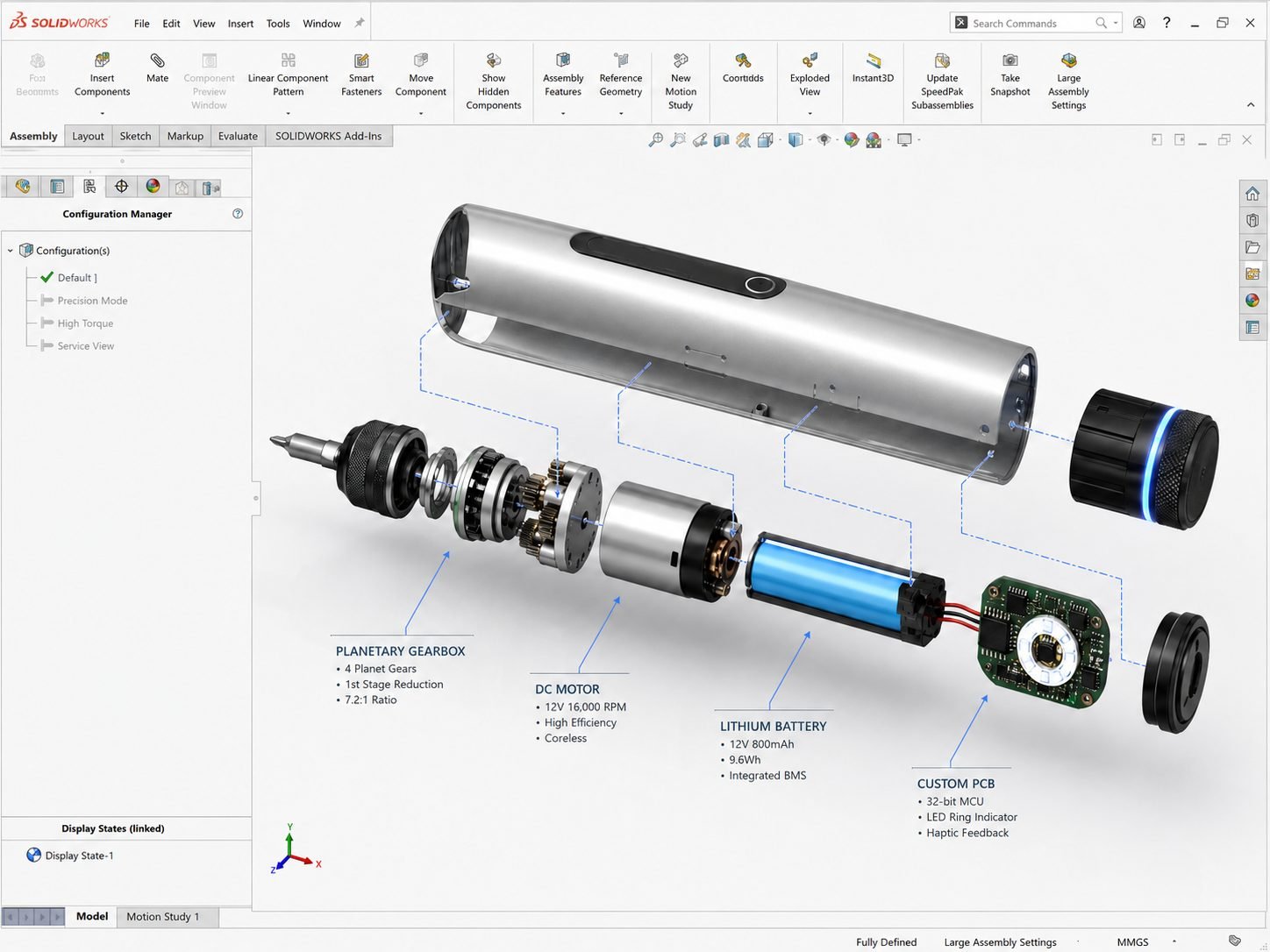 Cordless screwdriver exploded view showing planetary gearbox, DC motor and lithium battery