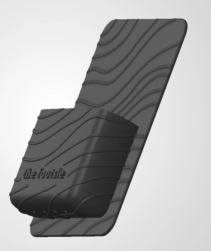 Perspective CAD view of the shower caddy with curved ribs, front pocket and integrated branding