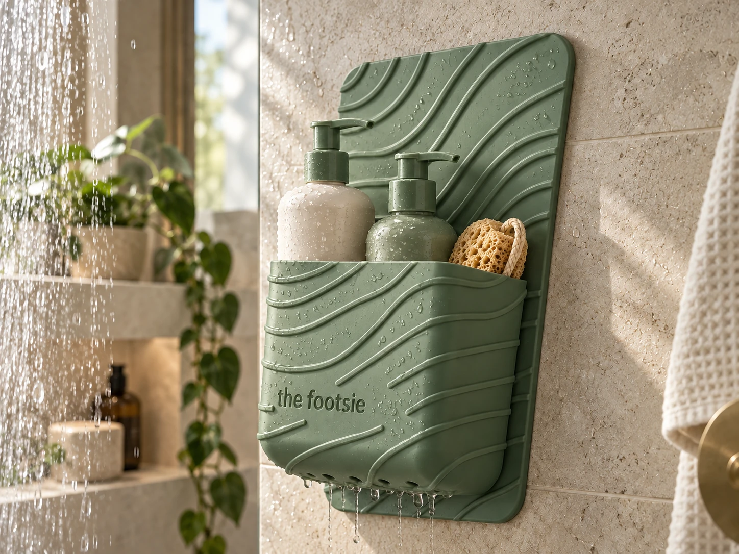 Green wall-mounted shower caddy concept with bottles, a sponge, textured ribs and drainage openings