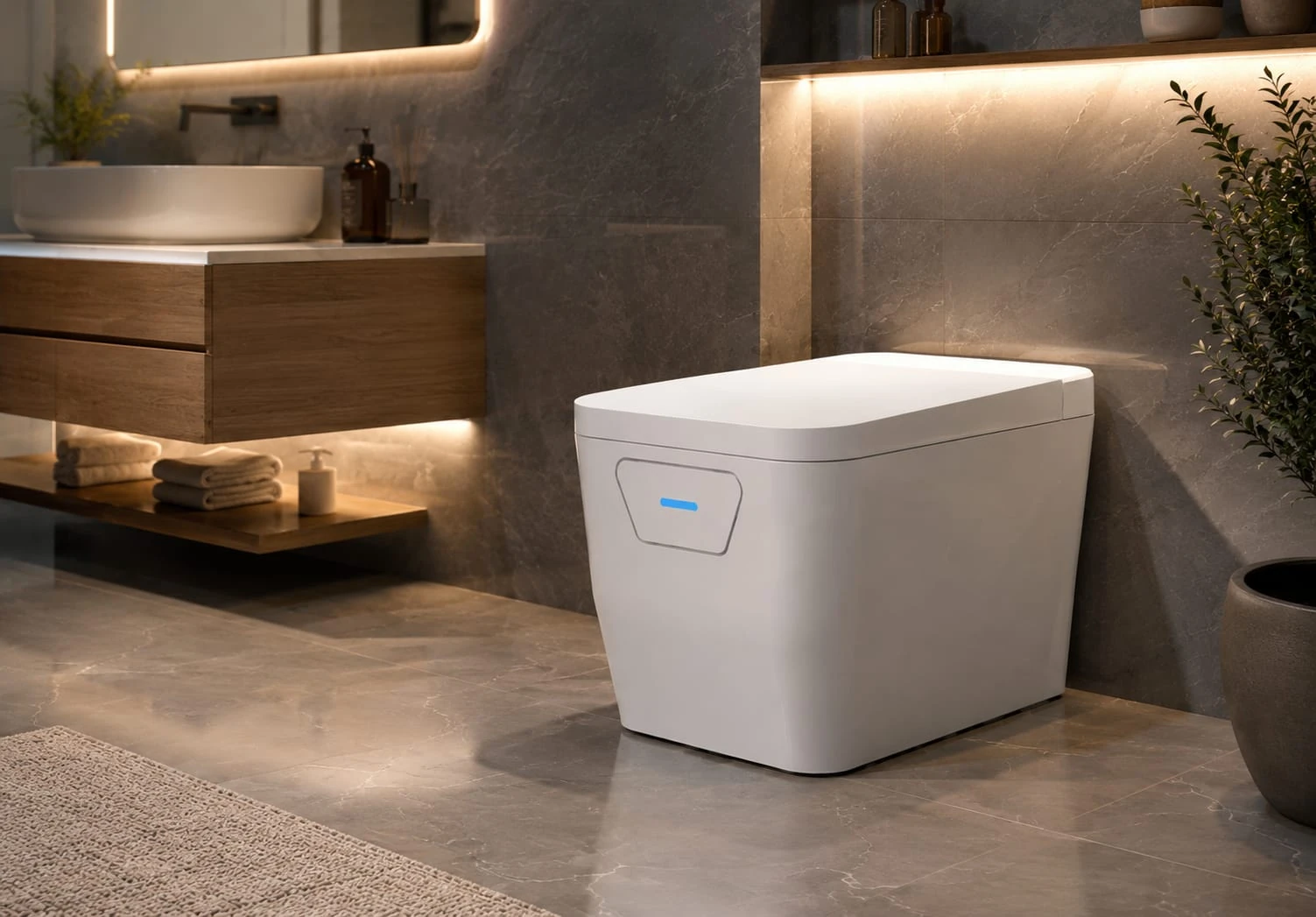 Premium smart toilet concept with the phone-mount panel closed