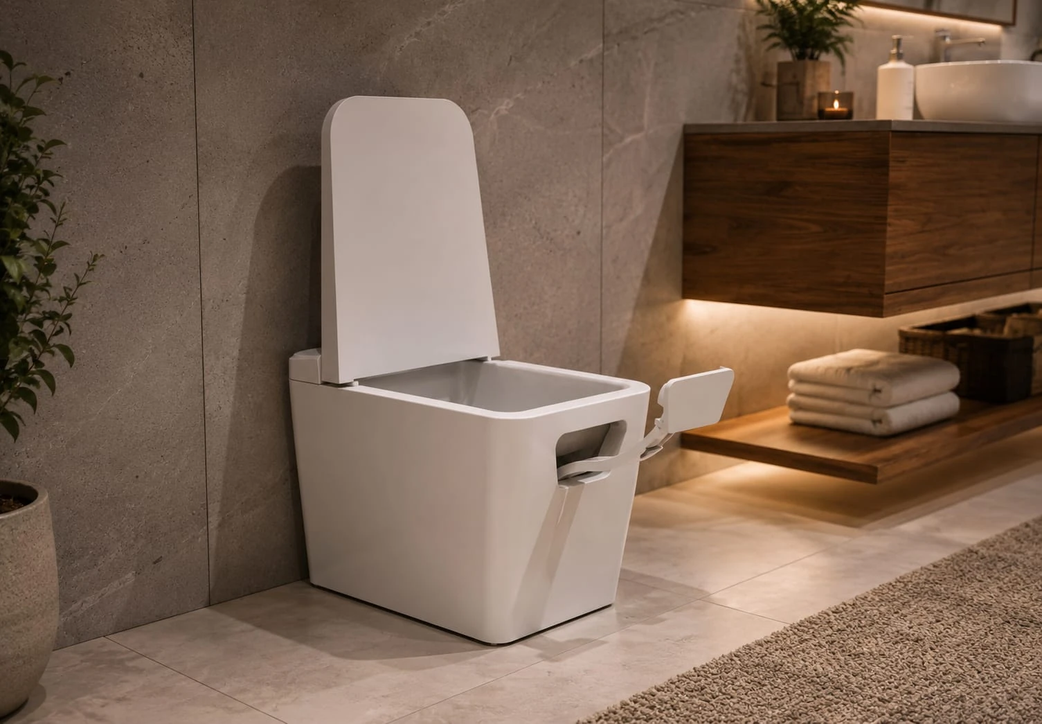Smart toilet concept with raised lid and phone-mount support extended from the front panel