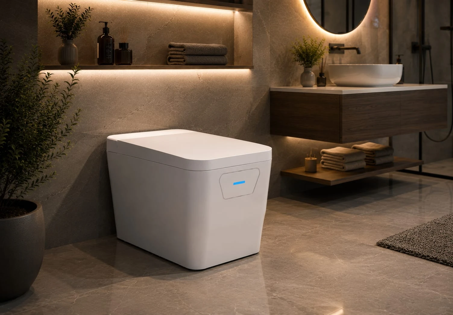 Closed smart toilet concept viewed from the opposite side in a bathroom setting